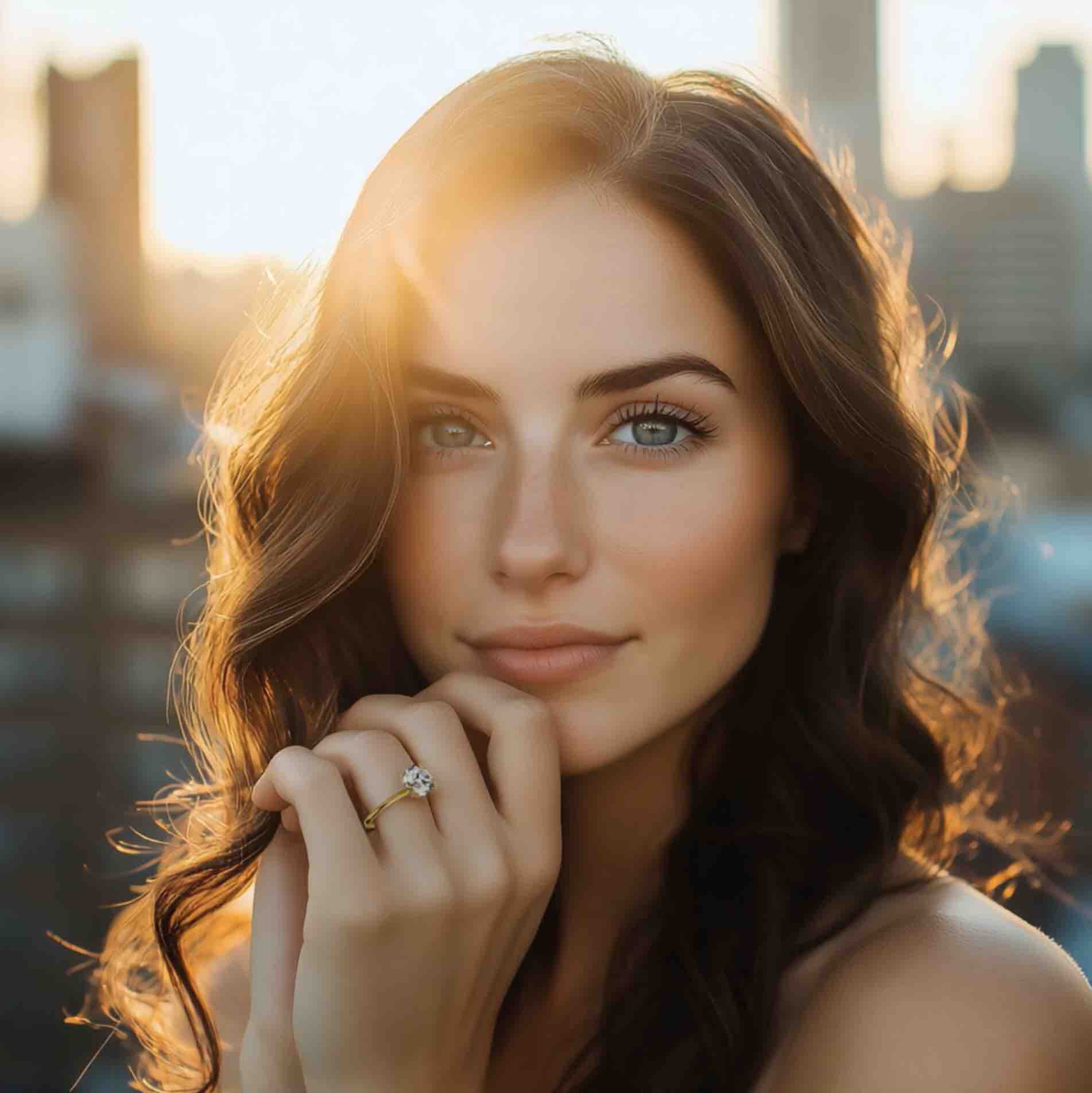 a woman looking into the lense of the camera with the sunset behind her
