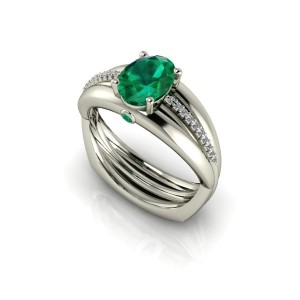 14K White Gold Oval Emerald & Diamond Fashion Ring