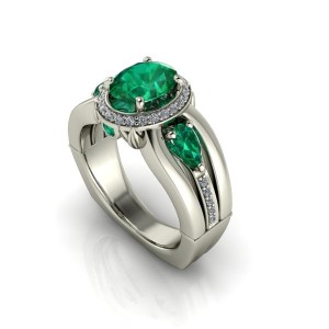 14K White Gold Ladies Emerald & Diamond Fashion Ring