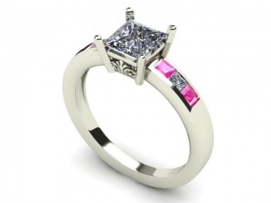 14K White Gold Princess Cut Diamond & Pink Sapphire Engagement Ring